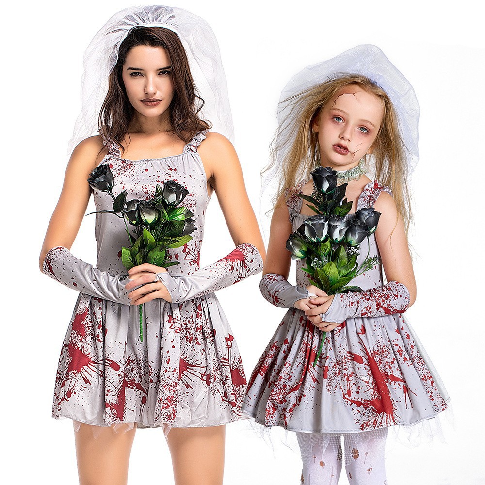 Halloween costume for children and parents, grey bloodstained ghost bride cosplay costume, masquerade ball dress with suspenders