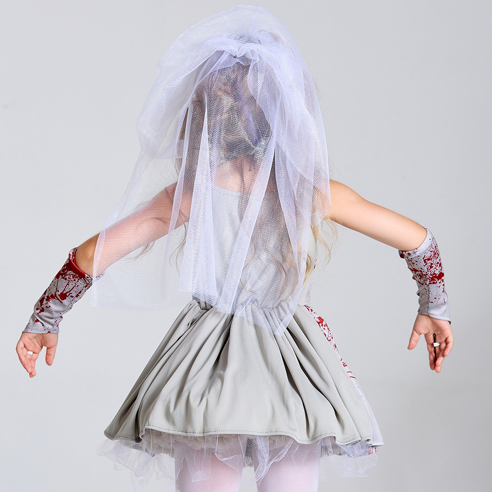 Halloween costume for children and parents, grey bloodstained ghost bride cosplay costume, masquerade ball dress with suspenders