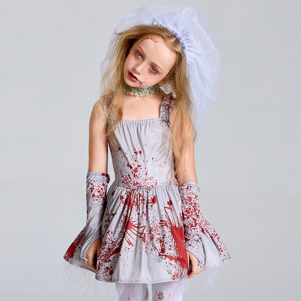 Halloween costume for children and parents, grey bloodstained ghost bride cosplay costume, masquerade ball dress with suspenders