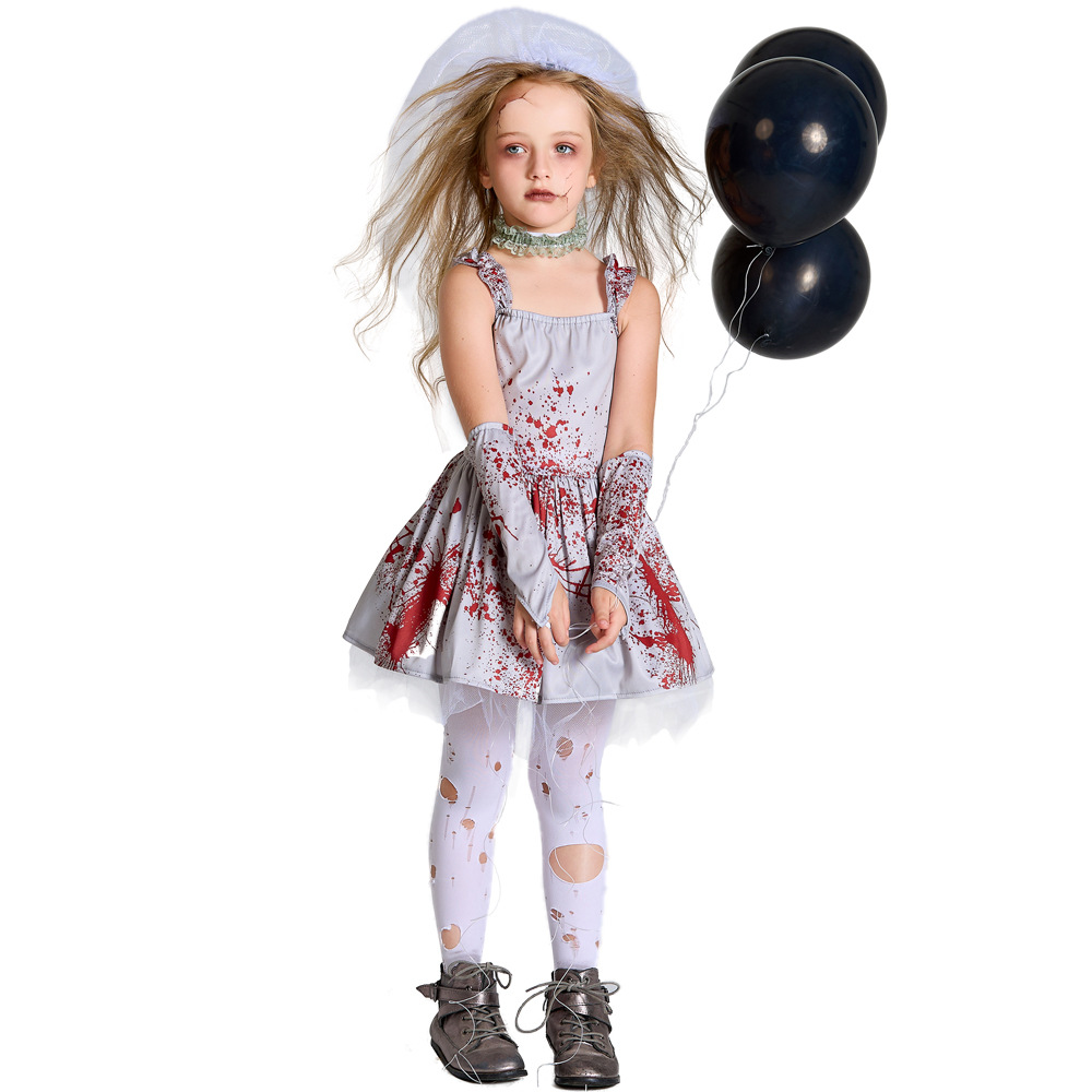 Halloween costume for children and parents, grey bloodstained ghost bride cosplay costume, masquerade ball dress with suspenders