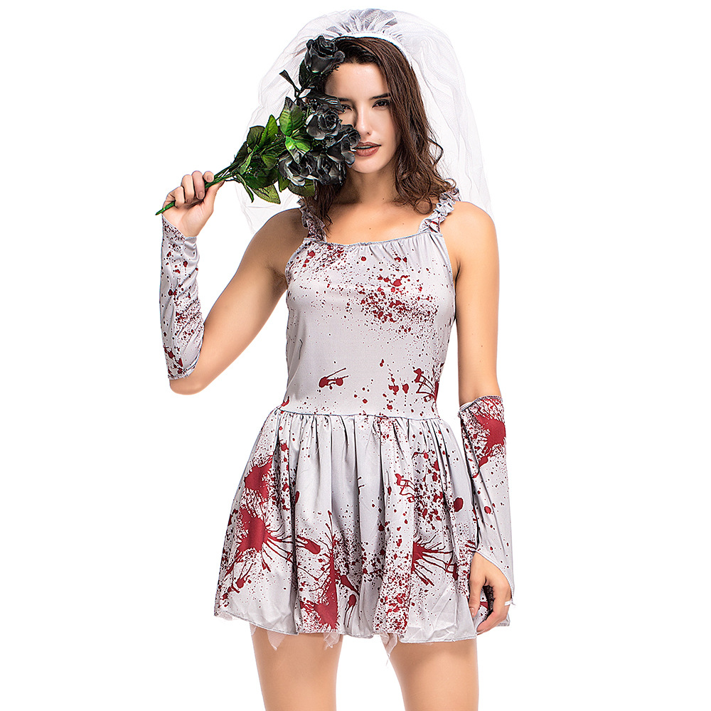 Halloween costume for children and parents, grey bloodstained ghost bride cosplay costume, masquerade ball dress with suspenders