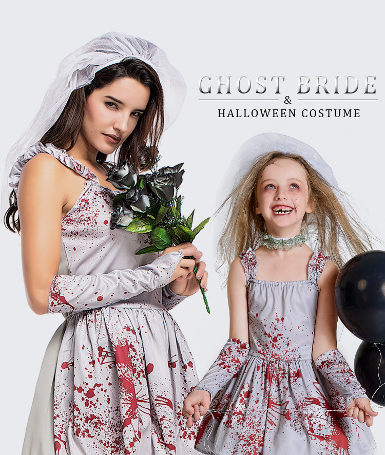 Halloween costume for children and parents, grey bloodstained ghost bride cosplay costume, masquerade ball dress with suspenders