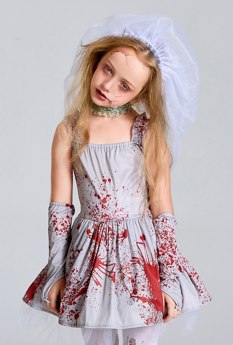 Halloween costume for children and parents, grey bloodstained ghost bride cosplay costume, masquerade ball dress with suspenders