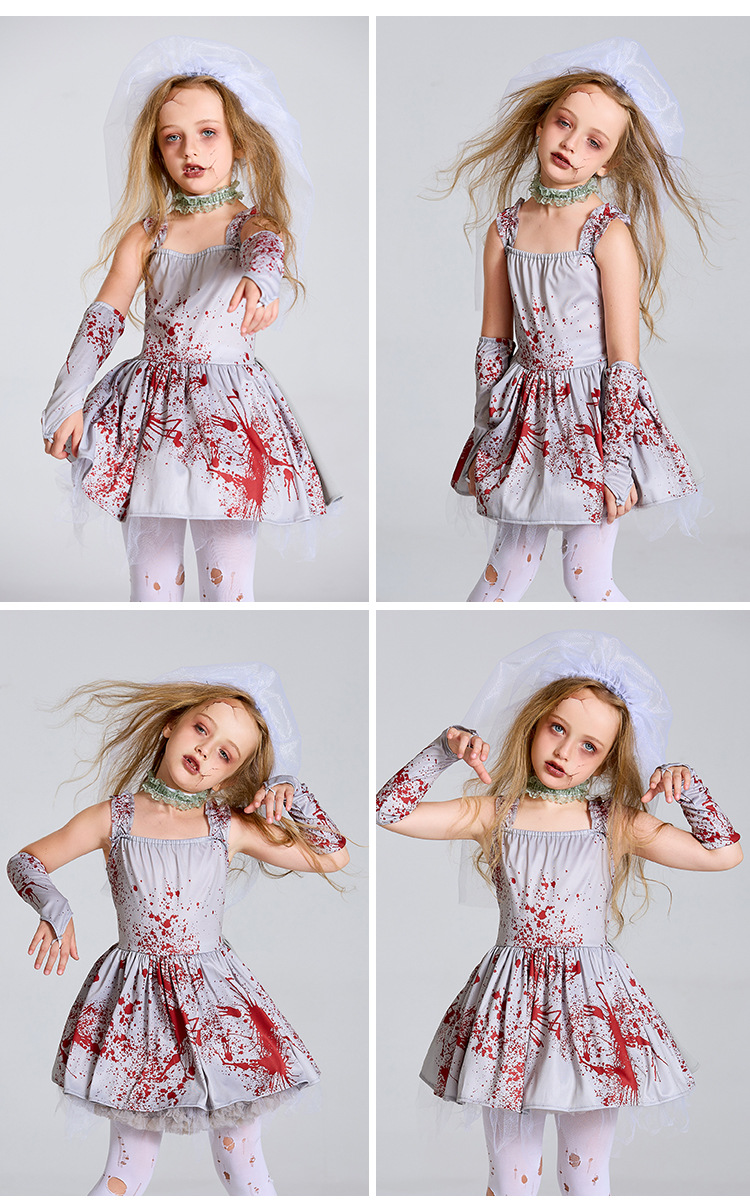 Halloween costume for children and parents, grey bloodstained ghost bride cosplay costume, masquerade ball dress with suspenders