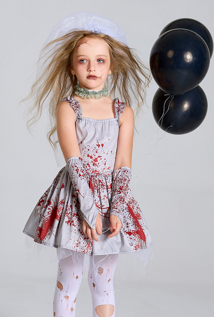 Halloween costume for children and parents, grey bloodstained ghost bride cosplay costume, masquerade ball dress with suspenders