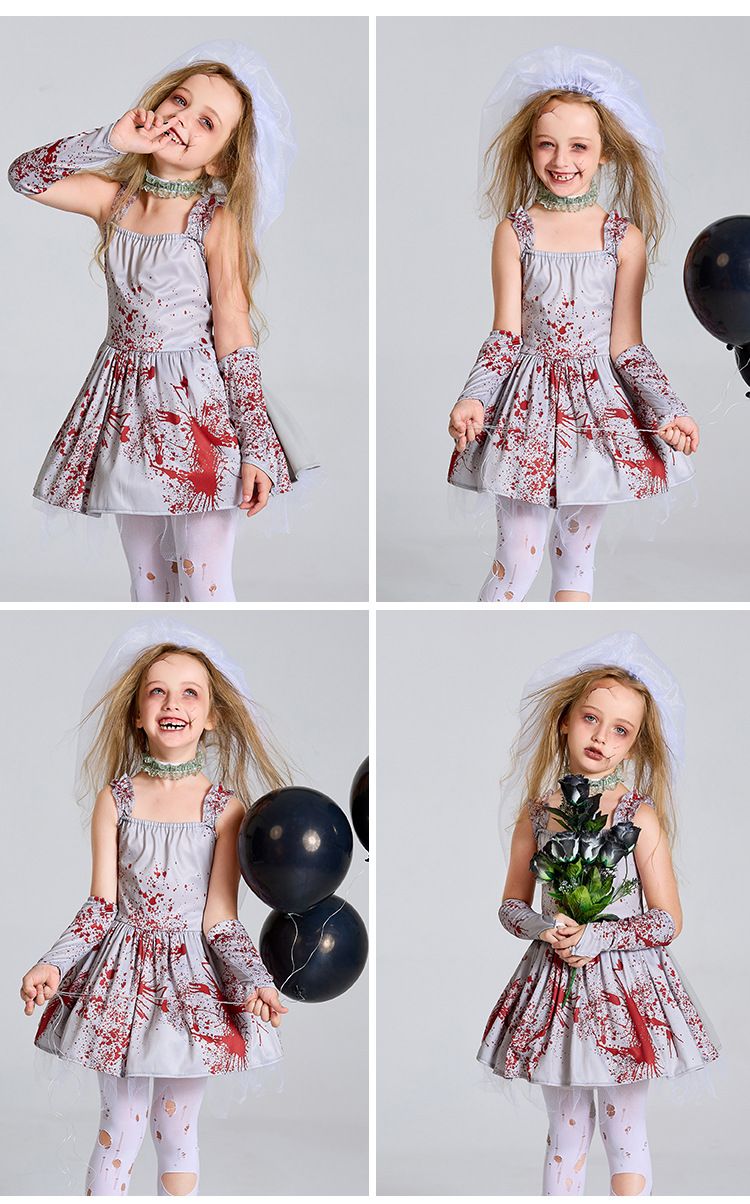 Halloween costume for children and parents, grey bloodstained ghost bride cosplay costume, masquerade ball dress with suspenders