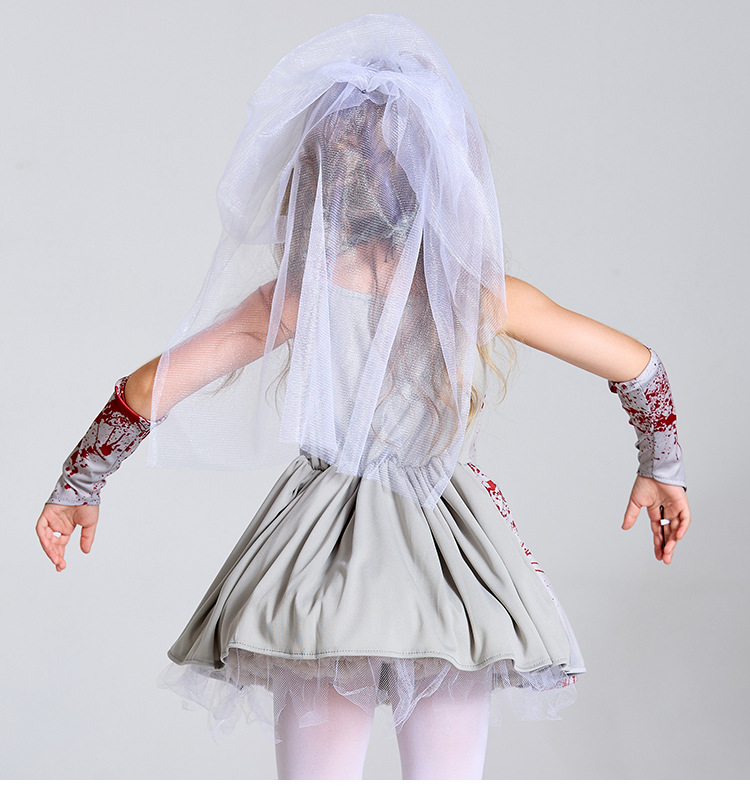 Halloween costume for children and parents, grey bloodstained ghost bride cosplay costume, masquerade ball dress with suspenders