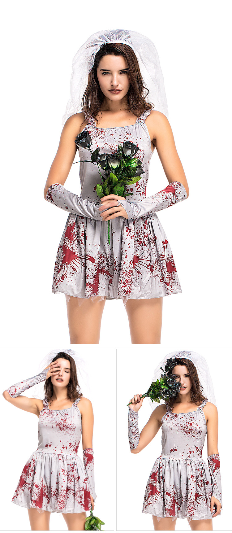 Halloween costume for children and parents, grey bloodstained ghost bride cosplay costume, masquerade ball dress with suspenders