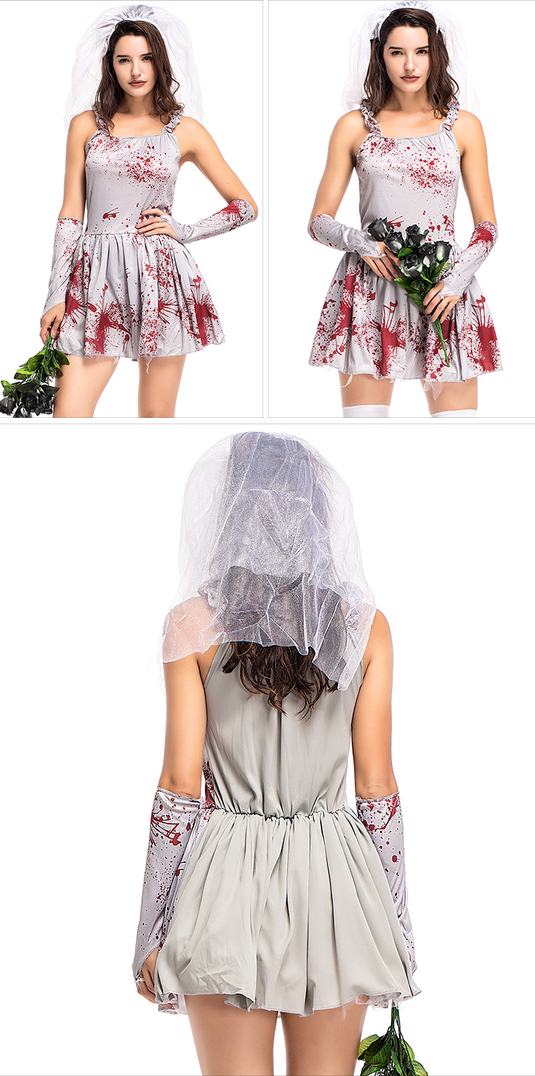 Halloween costume for children and parents, grey bloodstained ghost bride cosplay costume, masquerade ball dress with suspenders