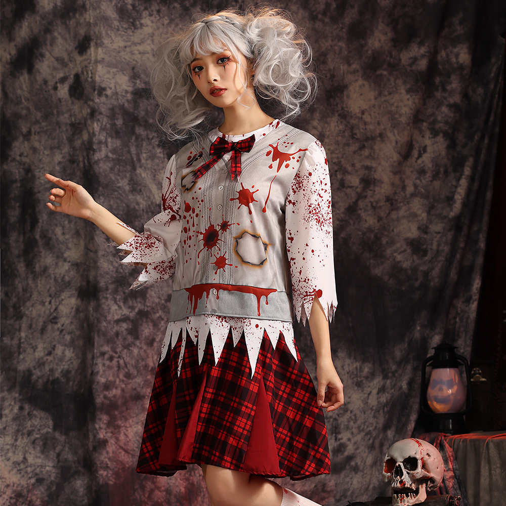 Dark zombie school dress, parent-child bloodstained torn cosplay costume, haunted house stage horror theme performance costume