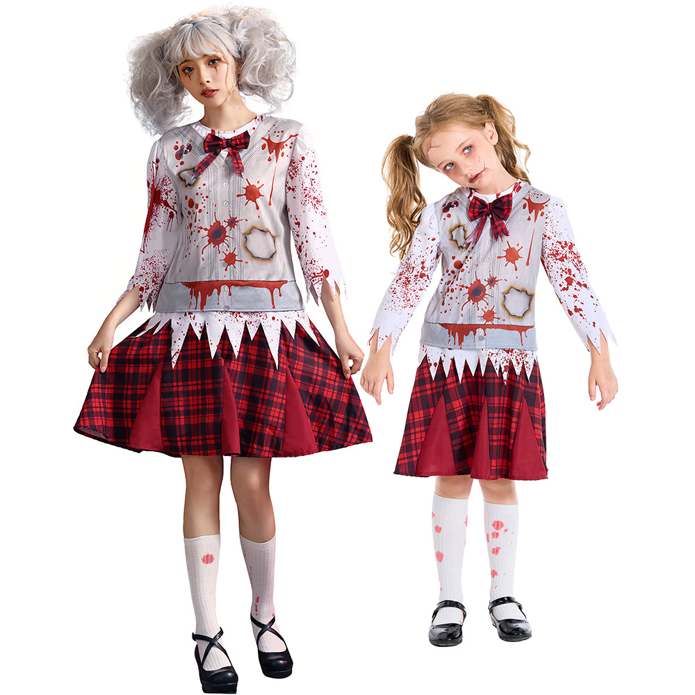 Dark zombie school dress, parent-child bloodstained torn cosplay costume, haunted house stage horror theme performance costume