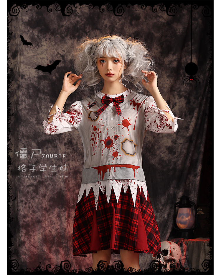 Dark zombie school dress, parent-child bloodstained torn cosplay costume, haunted house stage horror theme performance costume