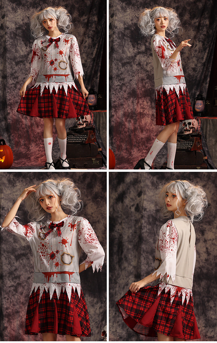 Dark zombie school dress, parent-child bloodstained torn cosplay costume, haunted house stage horror theme performance costume