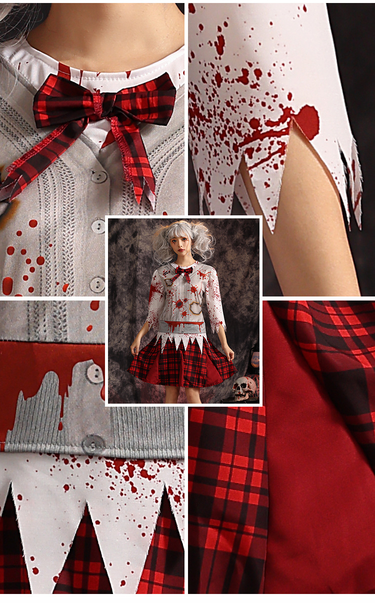 Dark zombie school dress, parent-child bloodstained torn cosplay costume, haunted house stage horror theme performance costume