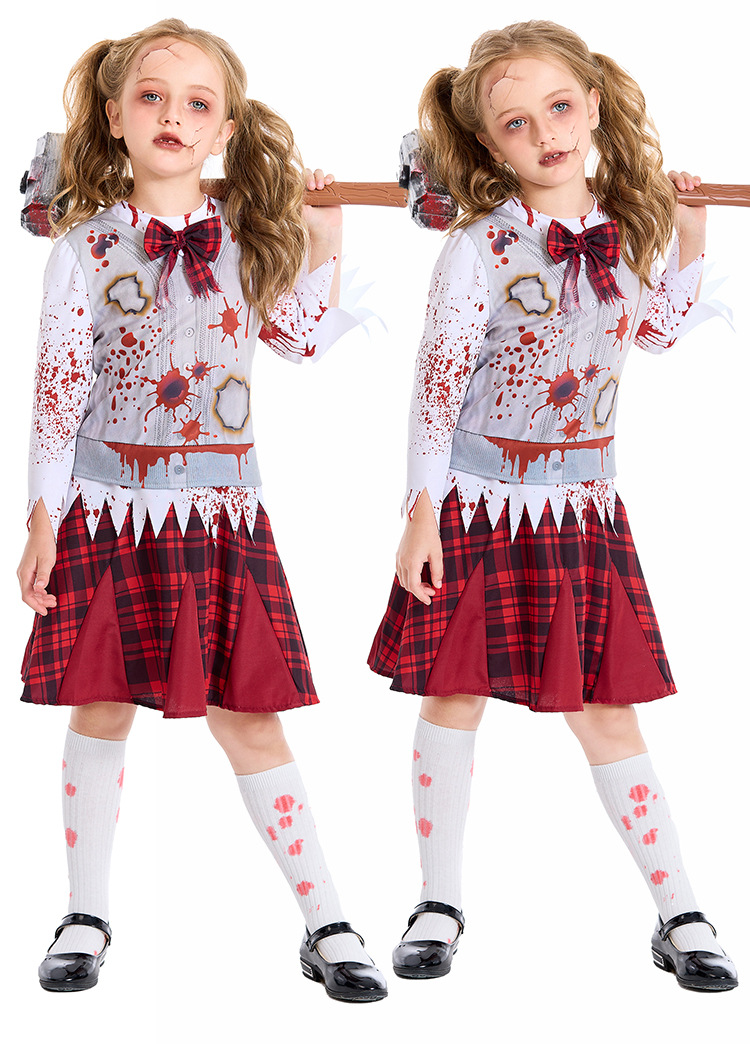 Dark zombie school dress, parent-child bloodstained torn cosplay costume, haunted house stage horror theme performance costume