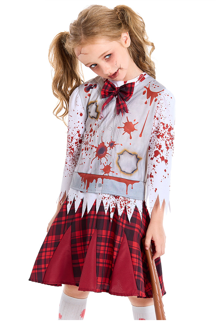 Dark zombie school dress, parent-child bloodstained torn cosplay costume, haunted house stage horror theme performance costume