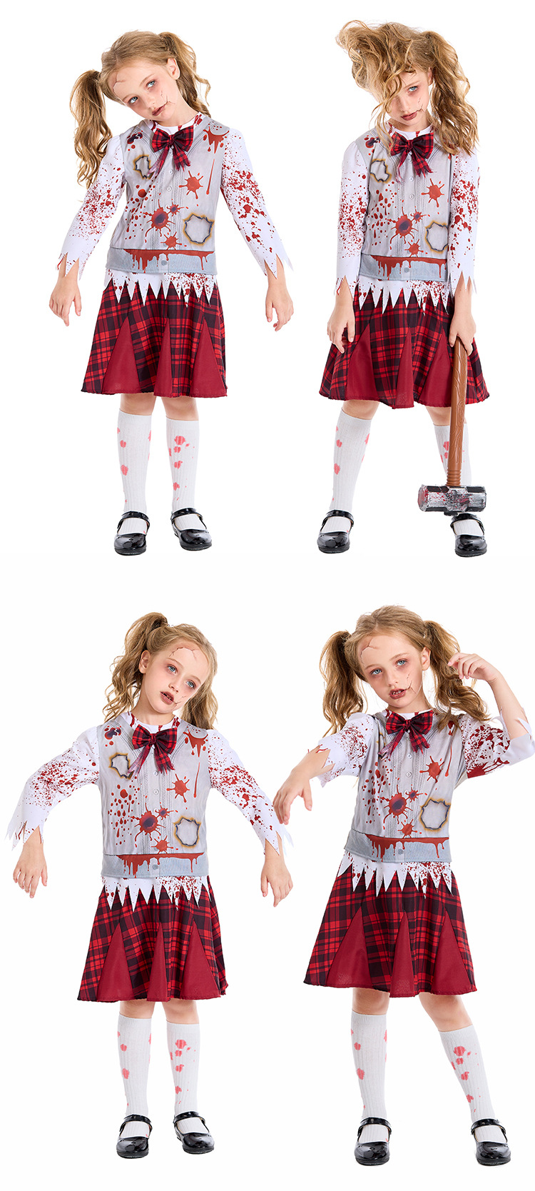Dark zombie school dress, parent-child bloodstained torn cosplay costume, haunted house stage horror theme performance costume