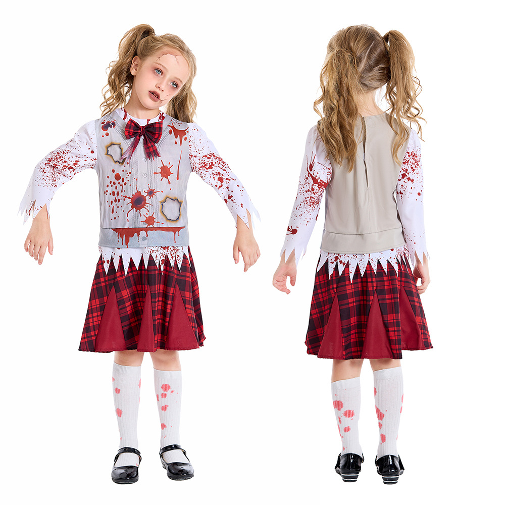 Dark zombie school dress, parent-child bloodstained torn cosplay costume, haunted house stage horror theme performance costume