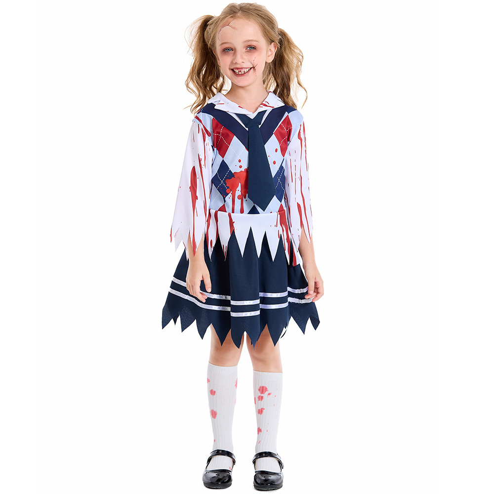 Halloween children's costumes, new Japanese bloodstained school uniform set, cosplay outfit for female students.