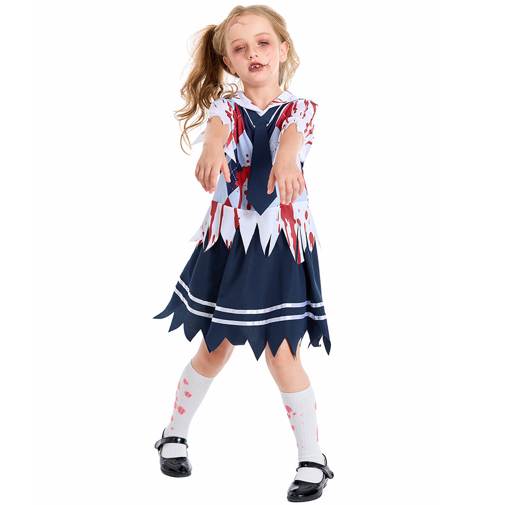 Halloween children's costumes, new Japanese bloodstained school uniform set, cosplay outfit for female students.