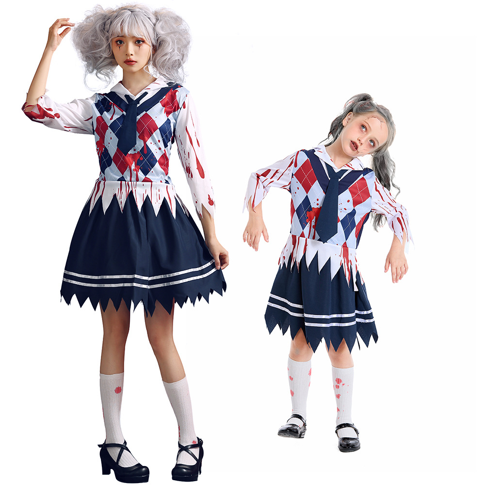 Halloween children's costumes, new Japanese bloodstained school uniform set, cosplay outfit for female students.