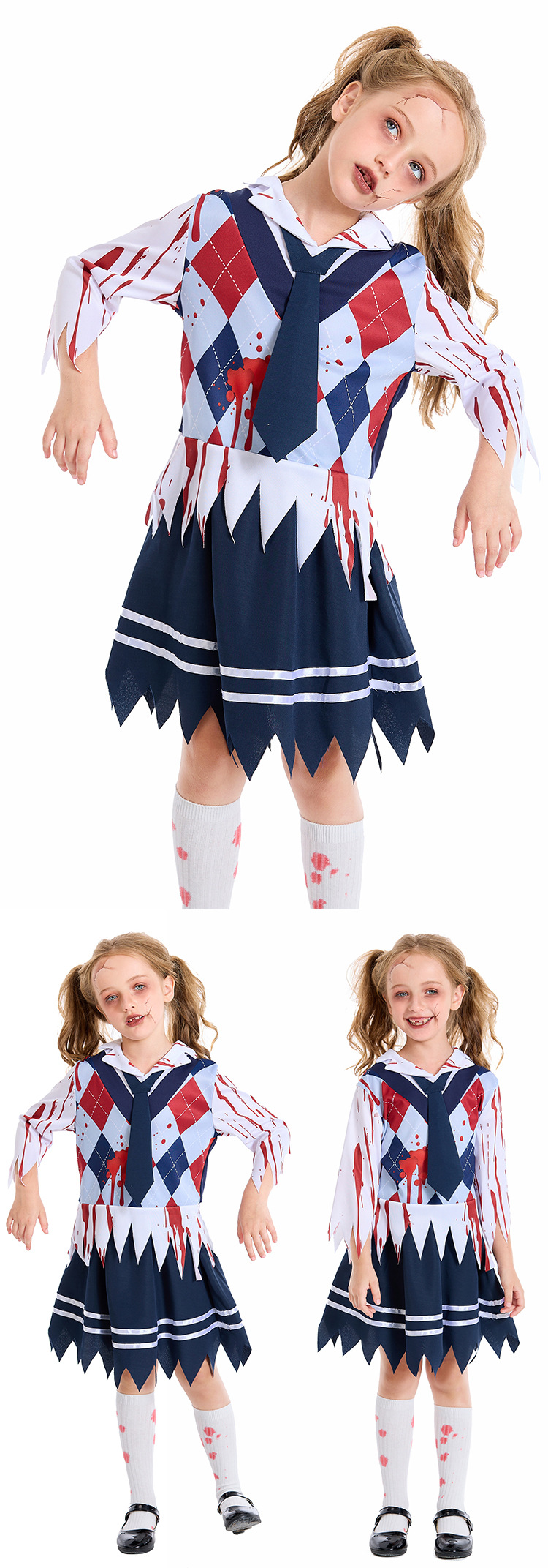 Halloween children's costumes, new Japanese bloodstained school uniform set, cosplay outfit for female students.