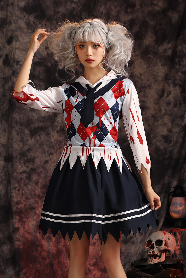 Halloween children's costumes, new Japanese bloodstained school uniform set, cosplay outfit for female students.