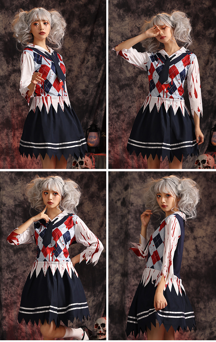 Halloween children's costumes, new Japanese bloodstained school uniform set, cosplay outfit for female students.