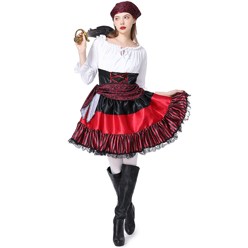 New Halloween Costume - Adult Female Pirate Cosplay Performance Costume - Red Striped Lace Pirate