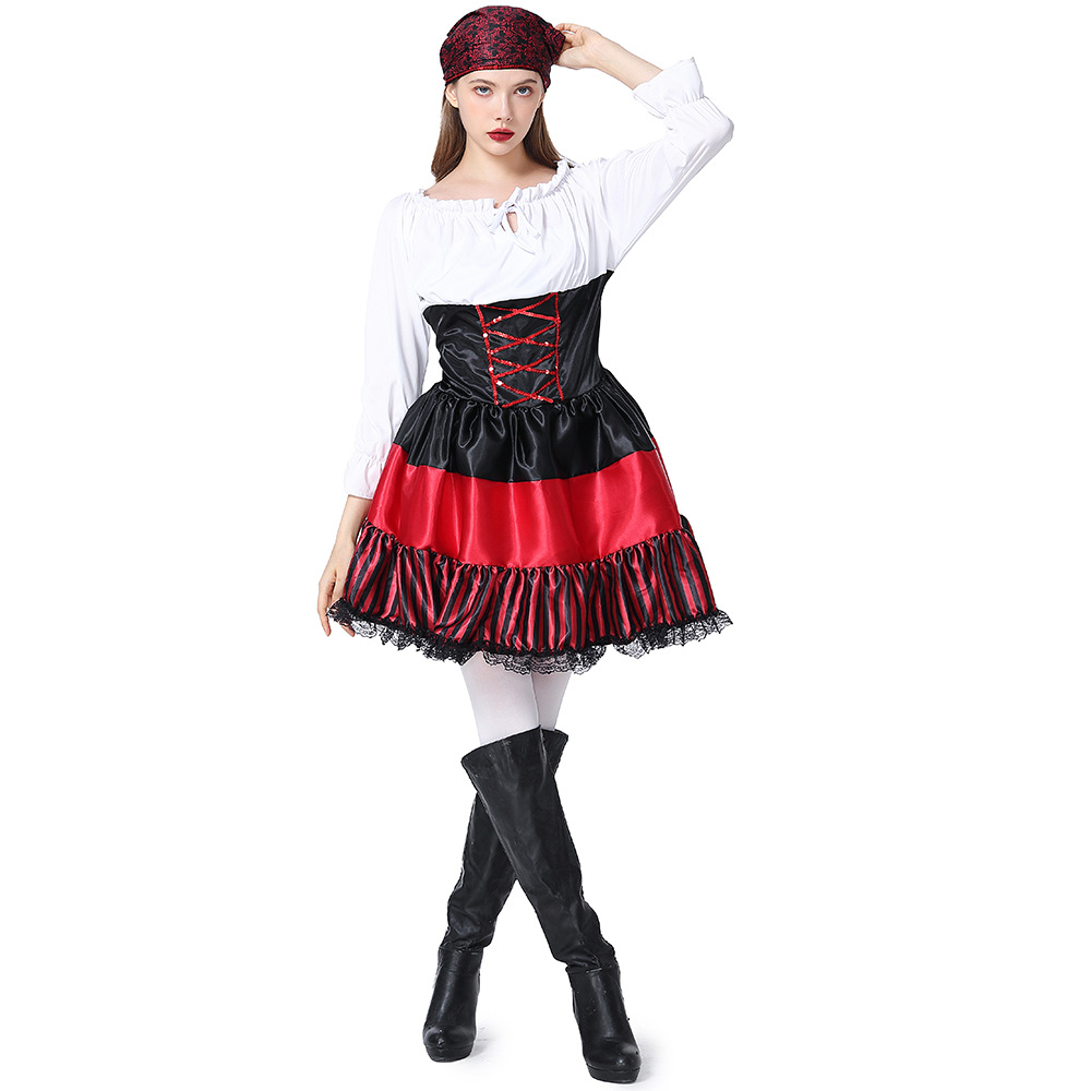 New Halloween Costume - Adult Female Pirate Cosplay Performance Costume - Red Striped Lace Pirate