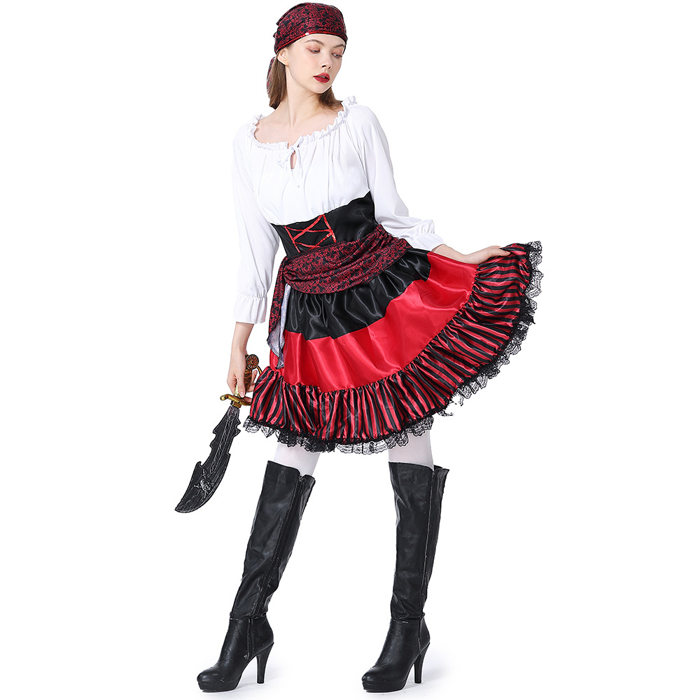 New Halloween Costume - Adult Female Pirate Cosplay Performance Costume - Red Striped Lace Pirate