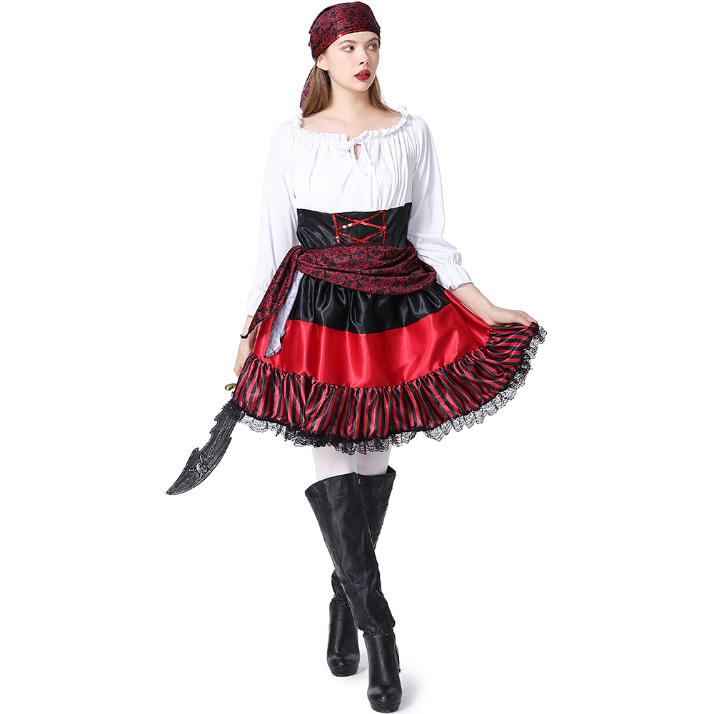 New Halloween Costume - Adult Female Pirate Cosplay Performance Costume - Red Striped Lace Pirate