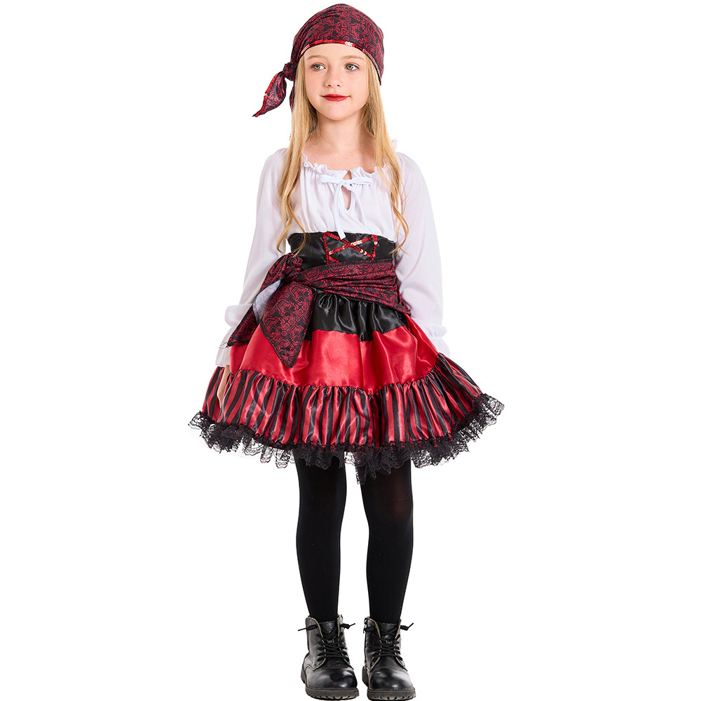 New Halloween Costume - Adult Female Pirate Cosplay Performance Costume - Red Striped Lace Pirate