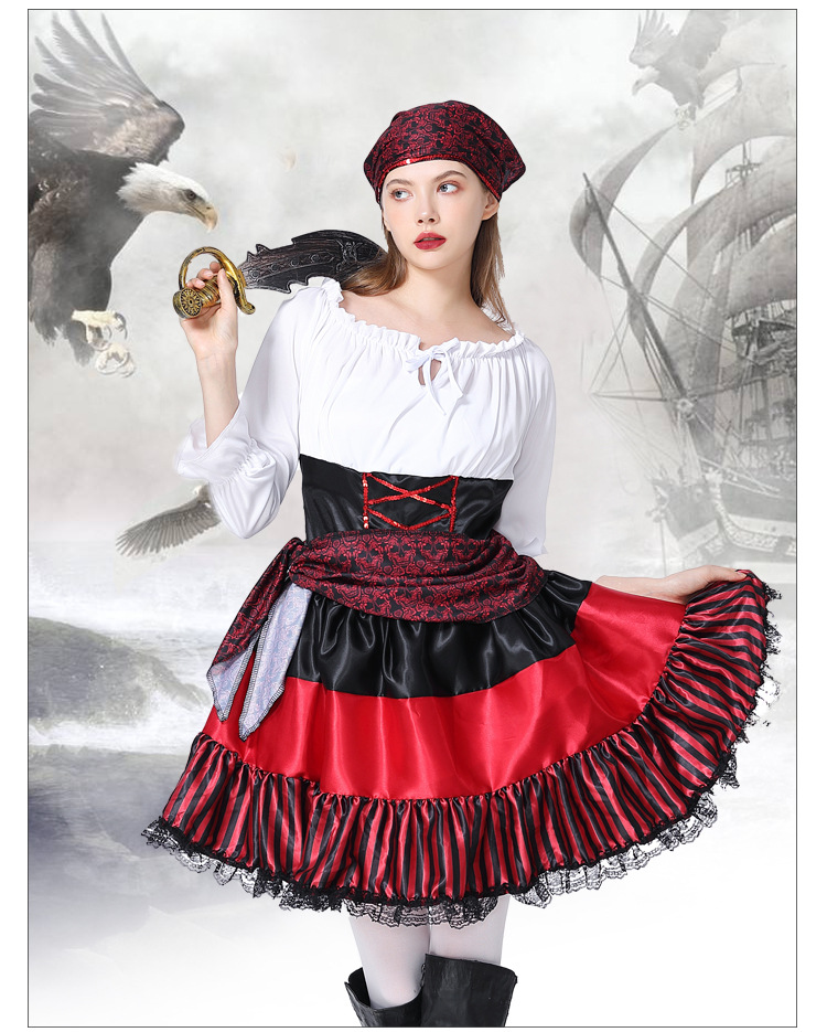 New Halloween Costume - Adult Female Pirate Cosplay Performance Costume - Red Striped Lace Pirate