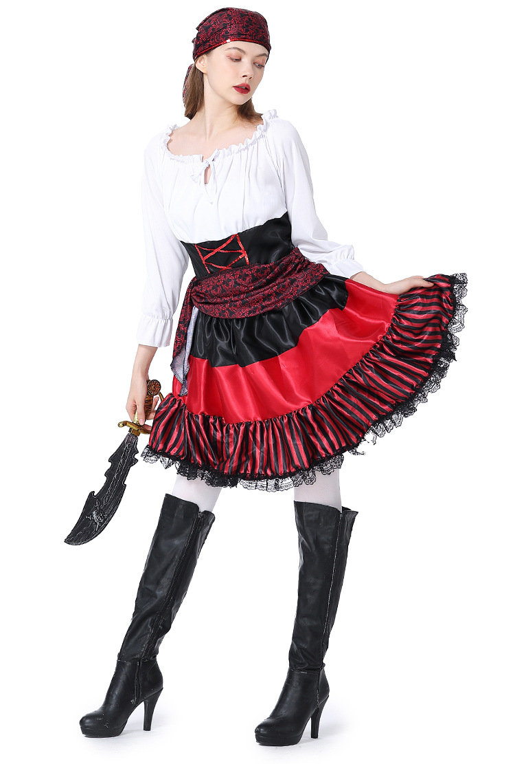 New Halloween Costume - Adult Female Pirate Cosplay Performance Costume - Red Striped Lace Pirate