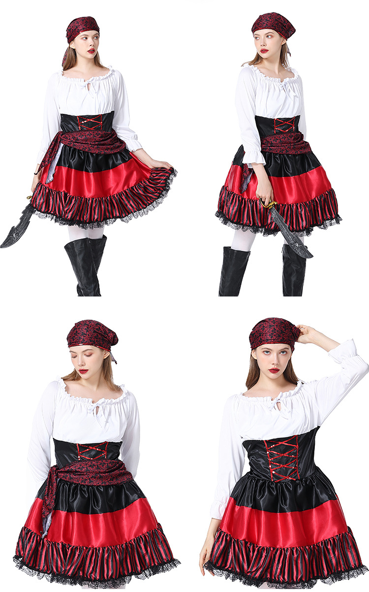 New Halloween Costume - Adult Female Pirate Cosplay Performance Costume - Red Striped Lace Pirate