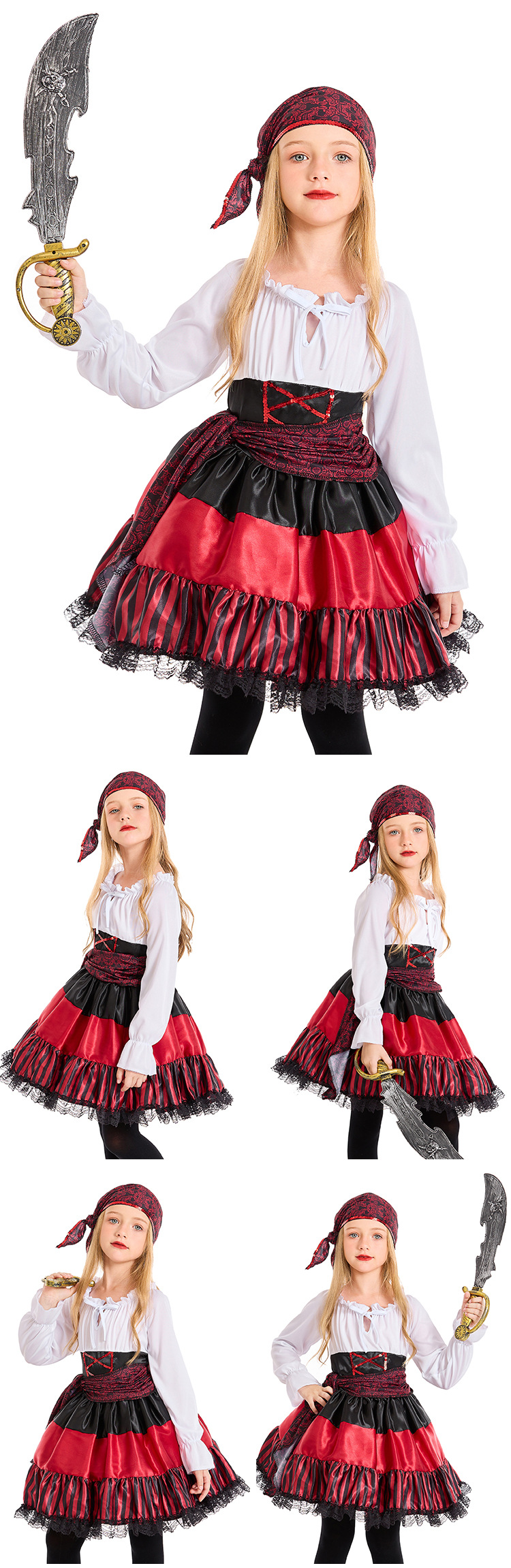 New Halloween Costume - Adult Female Pirate Cosplay Performance Costume - Red Striped Lace Pirate
