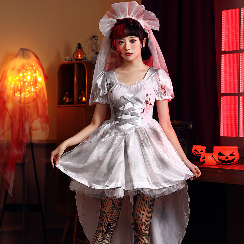 Halloween costume, vampire, white ghost bride, party bloodstain outfit, art photo shoot, cosplay costume.