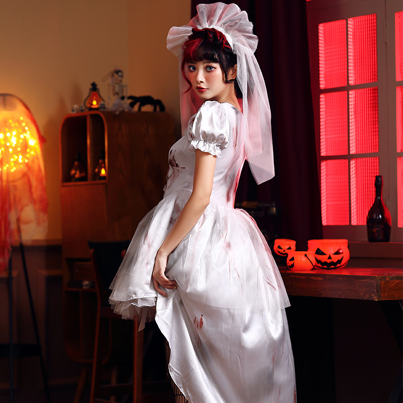 Halloween costume, vampire, white ghost bride, party bloodstain outfit, art photo shoot, cosplay costume.