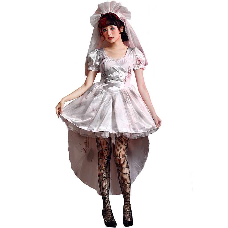 Halloween costume, vampire, white ghost bride, party bloodstain outfit, art photo shoot, cosplay costume.