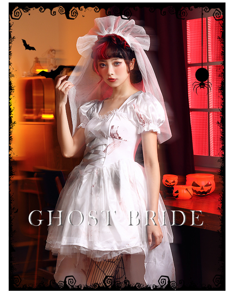 Halloween costume, vampire, white ghost bride, party bloodstain outfit, art photo shoot, cosplay costume.