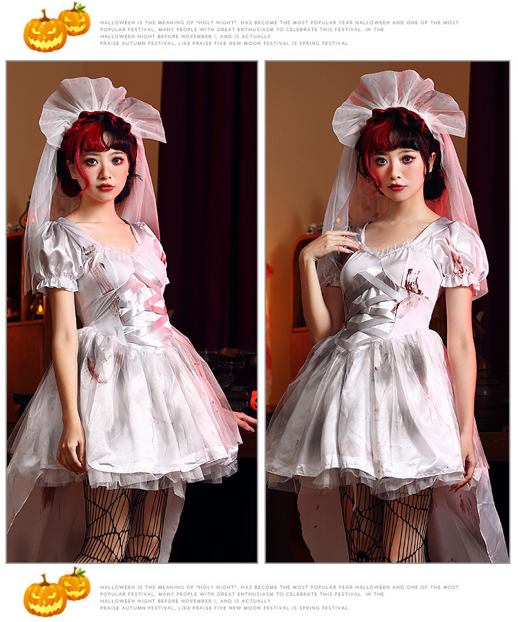 Halloween costume, vampire, white ghost bride, party bloodstain outfit, art photo shoot, cosplay costume.