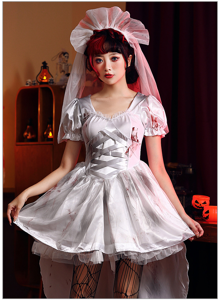 Halloween costume, vampire, white ghost bride, party bloodstain outfit, art photo shoot, cosplay costume.