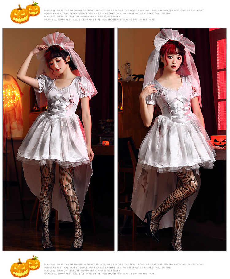 Halloween costume, vampire, white ghost bride, party bloodstain outfit, art photo shoot, cosplay costume.