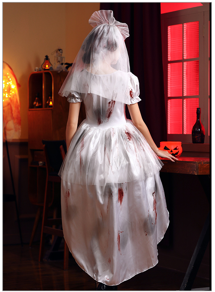 Halloween costume, vampire, white ghost bride, party bloodstain outfit, art photo shoot, cosplay costume.