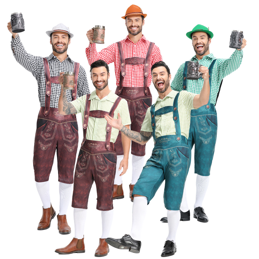 Traditional German Oktoberfest attire for adult men: checkered Munich beer uniform, beer overalls.