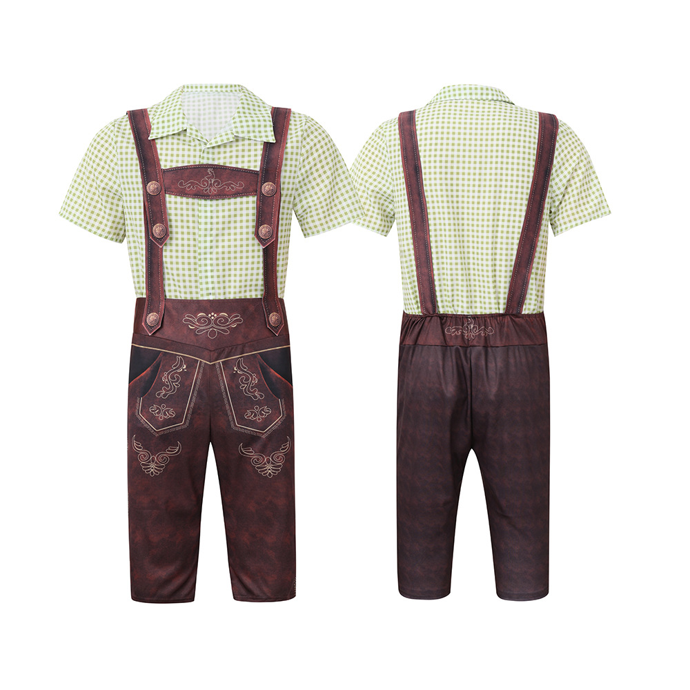 Traditional German Oktoberfest attire for adult men: checkered Munich beer uniform, beer overalls.