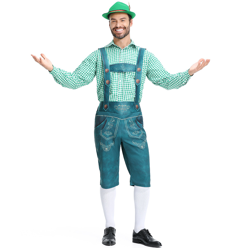 Traditional German Oktoberfest attire for adult men: checkered Munich beer uniform, beer overalls.