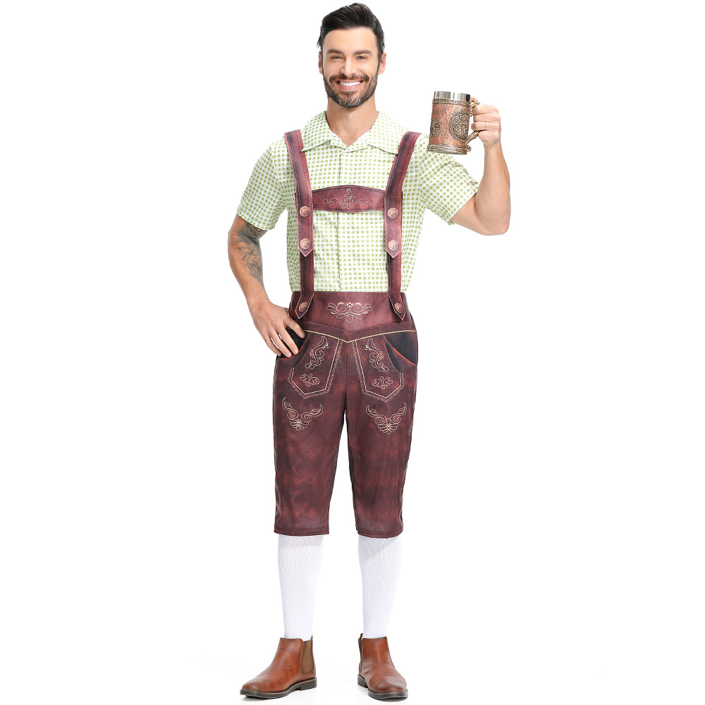 Traditional German Oktoberfest attire for adult men: checkered Munich beer uniform, beer overalls.