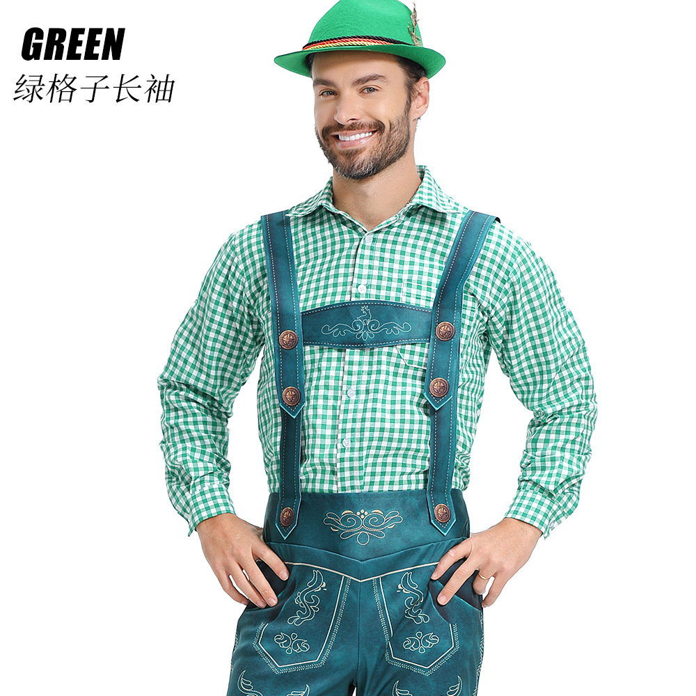 Traditional German Oktoberfest attire for adult men: checkered Munich beer uniform, beer overalls.